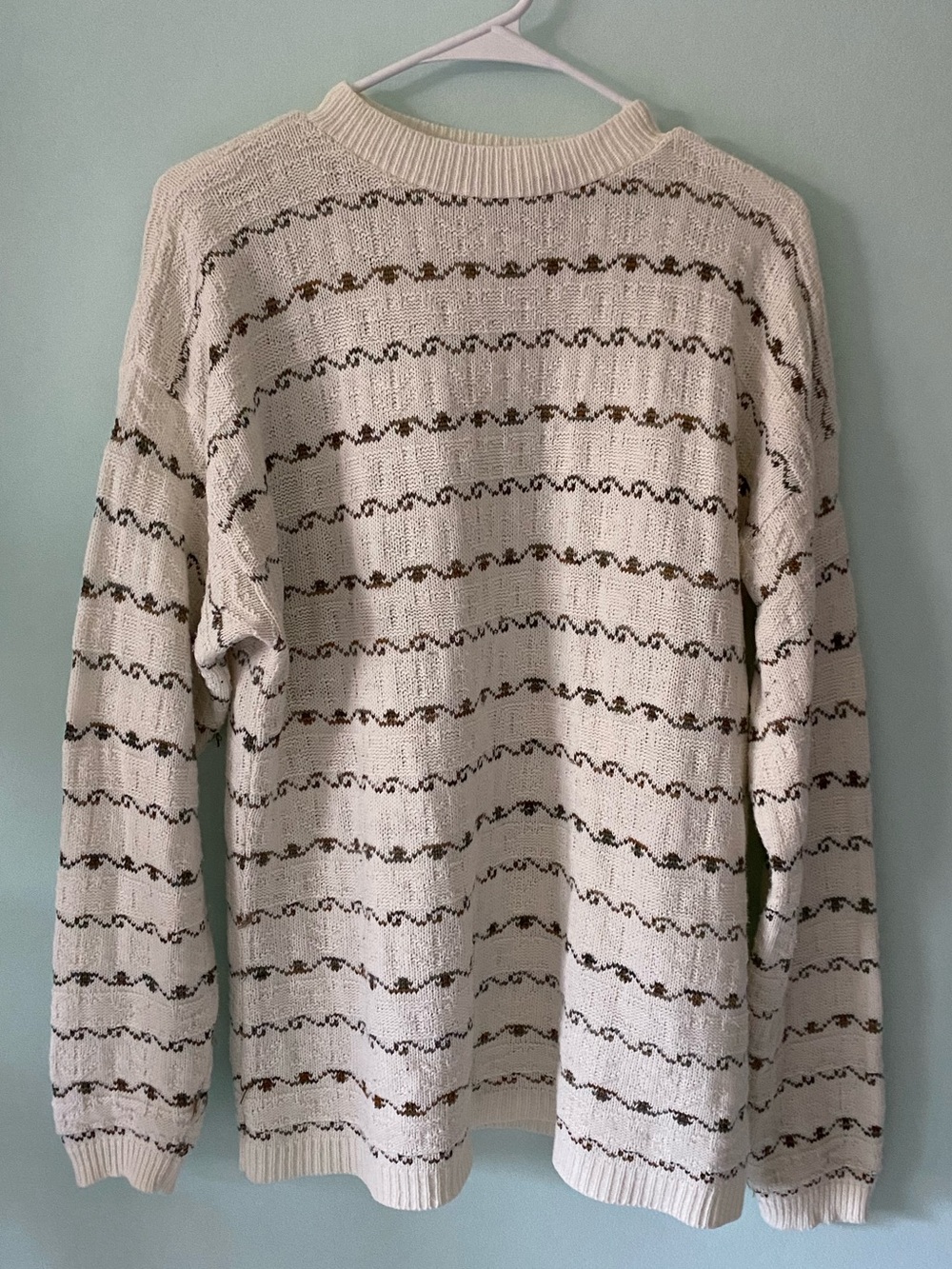Cream Knit Crewneck Grandpa Sweater with Brown Stripe Detail